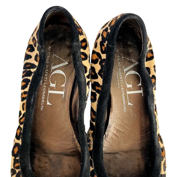 AGL Ballet Flats Cap Toe 39.5 Leopard Ponyhair Black Comfort Leather Classic - Picture 3 of 13